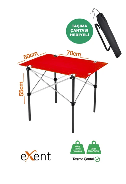 Exent 50x70 cm Kamp Masası Katlanabilir Masa, Piknik Masası, Siyah Taşıma Çantalı-KIRMIZI - 1