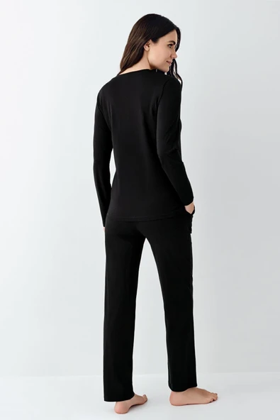 Pierre Cardin Büyük Beden Kadın V Yaka Modal Pamuklu 4 Mevsim Kumaş Uzun Kollu Pijama Takım - 4