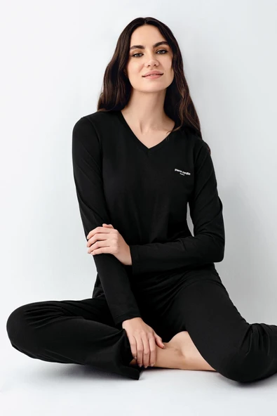 Pierre Cardin Büyük Beden Kadın V Yaka Modal Pamuklu 4 Mevsim Kumaş Uzun Kollu Pijama Takım