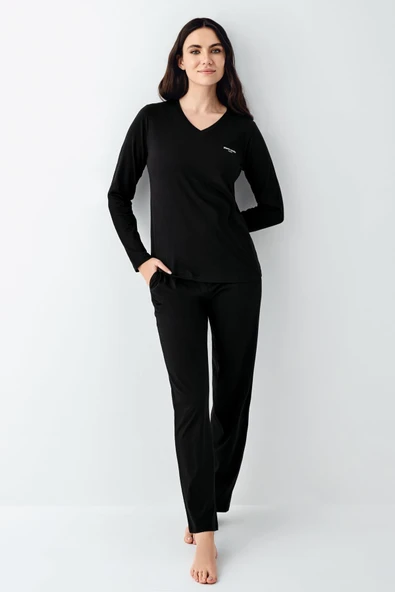 Pierre Cardin Büyük Beden Kadın V Yaka Modal Pamuklu 4 Mevsim Kumaş Uzun Kollu Pijama Takım - 2