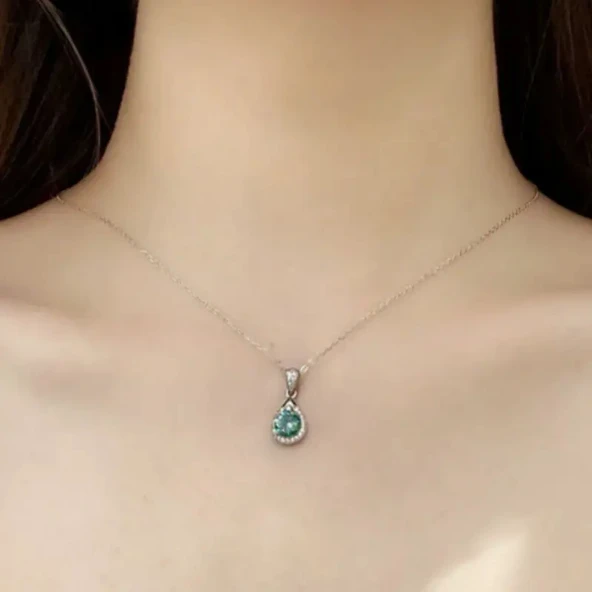 Mystic Glow Damla Zümrüt Yeşili 925 Ayar gümüş zincir kadın kolye - Resim 3