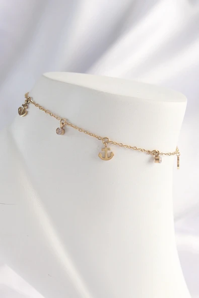 Litae Trend BFS 316L Çelik Gold Renk Zirkon Taşlı Minimal Çapa Tasarımlı Halhal ürün görseli