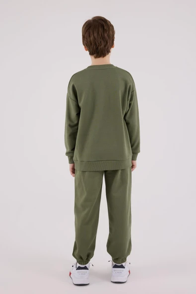 U.S. Polo Assn. Garson Erkek Çocuk Haki Kalın 3 İplik Şardonlu Uzun Kollu Lastikli Paça Eşofman Takım - 5