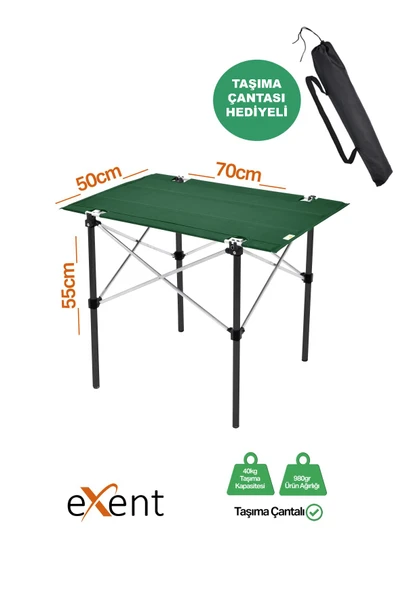Exent 50x70 cm Kamp Masası Katlanabilir Masa, Piknik Masası, Siyah Taşıma Çantalı-PETROL YEŞİLİ - 1