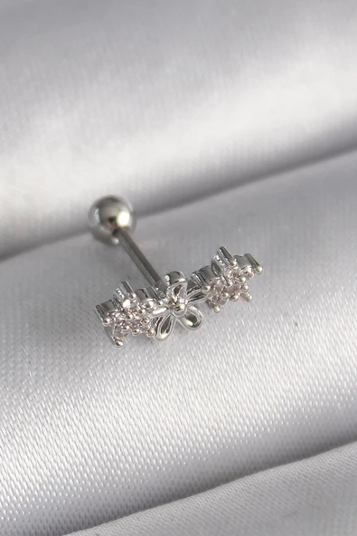 Litae Trend BFS 316L Çelik Gümüş Renk Zirkon Taşlı Çiçek Tragus Piercing - 1