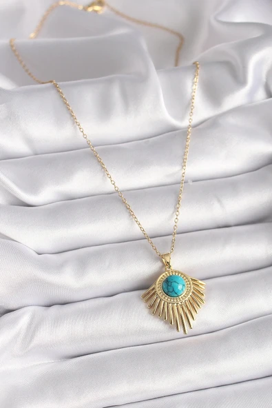 Litae Trend BFS 316L Çelik Gold Renk Zincir Mavi Boncuk Güneş Model Kadın Kolye - Resim 2