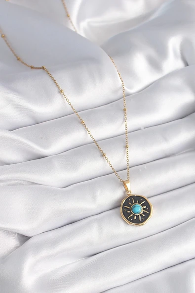 Litae Trend BFS 316L Çelik Gold Renk Mavi Boncuk Güneş İşleme Madalyon Model Kadın Kolye - Resim 2