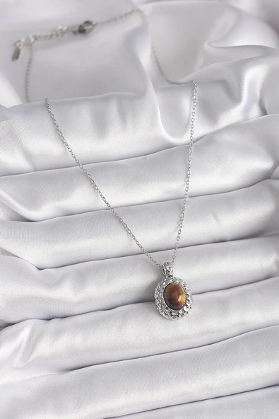 Litae Trend BFS 316L Çelik Gümüş Renk Zincir Kehribar Boncuk Model Kadın Kolye - Resim 2