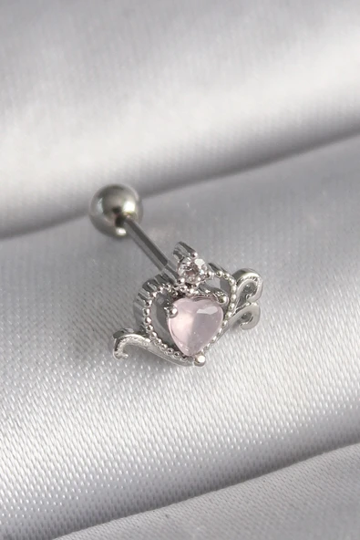 Litae Trend BFS 316L Çelik Gümüş Renk Pembe Mineli Kalp Zirkon Taş Detay Tragus Piercing - 1