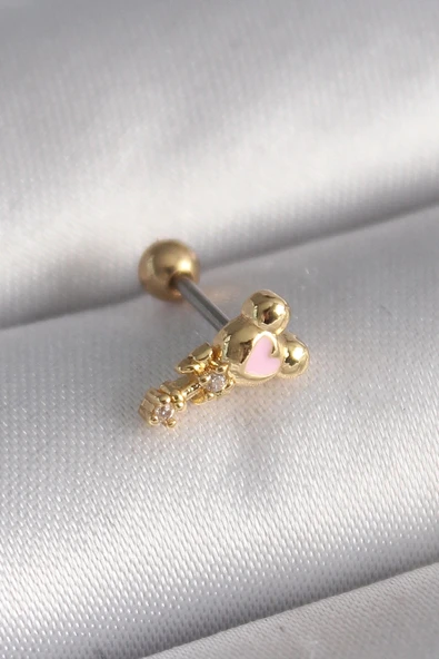 Litae Trend BFS 316L Çelik Gold Renk Zirkon Taş Detay Pembe Kalp İşleme Tragus Piercing - 1