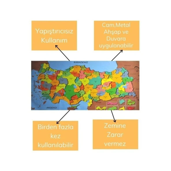 Buffer® Renkli Türkiye Haritası Manyetik Yapıştırıcı Gerektirmeyen Duvar Stickerı 118 Cm * 56 Cm - 7