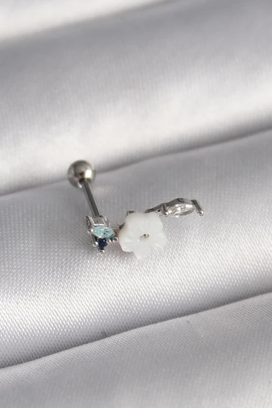 Litae Trend BFS 316L Çelik Gümüş Renk Zirkon Taş Detay Beyaz Çiçek Model Tragus Piercing - 1