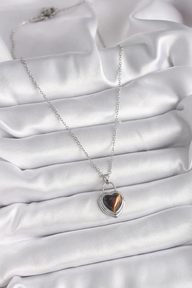 Litae Trend BFS 316L Çelik Gümüş Renk Zincir Kilit Kalp Kehribar Boncuk Model Kadın Kolye - Resim 2