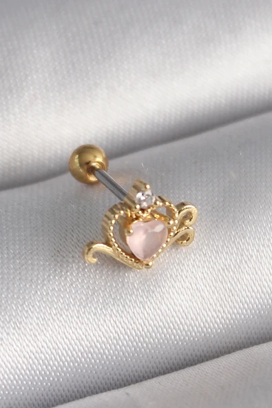Litae Trend BFS 316L Çelik Gold Renk Pembe Mineli Kalp Zirkon Taş Detay Tragus Piercing - 1