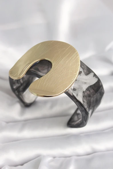 Litae Trend BFS Siyah Mermer Desen Akrilik Plastik Gold Nal Model Plaka Vintage Kadın Bilezik ürün görseli