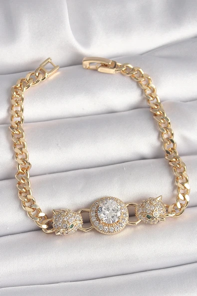 Litae Trend BFS Pirinç Gold Renk Zirkon Taşlı Leopar Figür Zincir Model Kadın Bileklik - 1