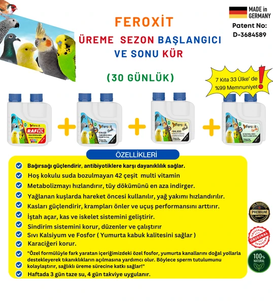 Kuşlar için KÜR 30 Günlük ( Sezon öncesi ve Sonrası için ) Tüm Kuş Türleri için 125 ml 4 adet