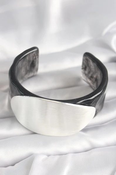 Litae Trend BFS Siyah Mermer Desen Akrilik Plastik Gümüş Oval Plaka Model Vintage Kadın Bilezik - Resim 2