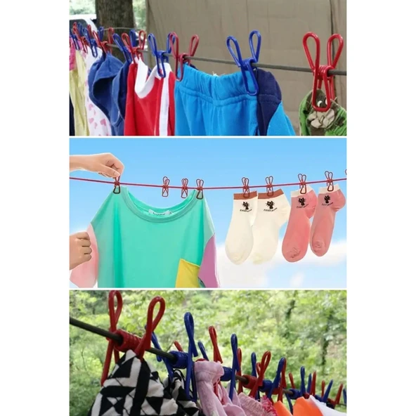 Buffer® Taşınabilir Seyahat Çamaşır İpi 12 Mandallı Klipsli Lastikli Çamaşır Mandalları - 8