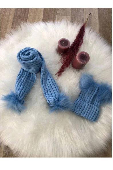 Kız Bebek Çift Ponponlu Atkı Bere Takımı 4/14 yaş