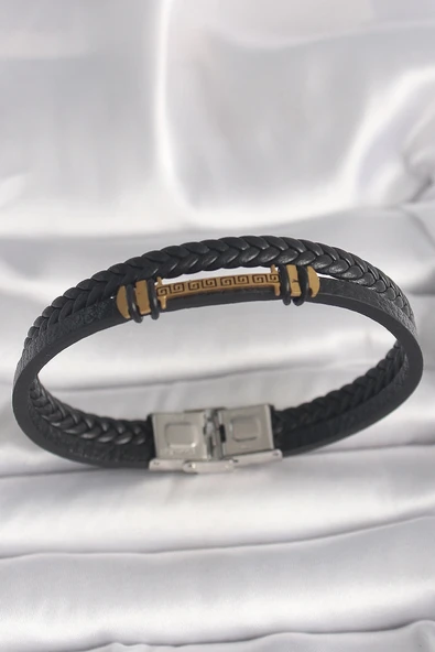 Litae Trend BFS 316L Çelik Gold Renk ZikZak İşlemeli Aksesuarlı Çift Sıra Burgu Desenli Deri Kordon Erkek Bileklik - 1