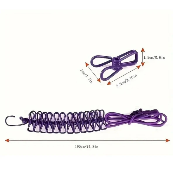 Buffer® Taşınabilir Seyahat Çamaşır İpi 12 Mandallı Klipsli Lastikli Çamaşır Mandalları - 5