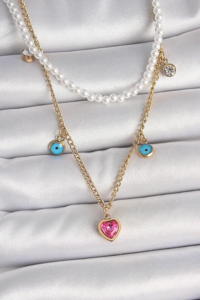 Litae Trend BFS 316L Çelik Gold Renk 2'Li İnci Zincir Model Pembe Taşlı Kalp Figür Nazar Boncuk Detay Kadın Kolye ürün görseli