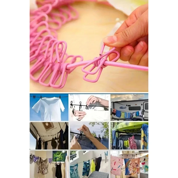 Buffer® Taşınabilir Seyahat Çamaşır İpi 12 Mandallı Klipsli Lastikli Çamaşır Mandalları - 7