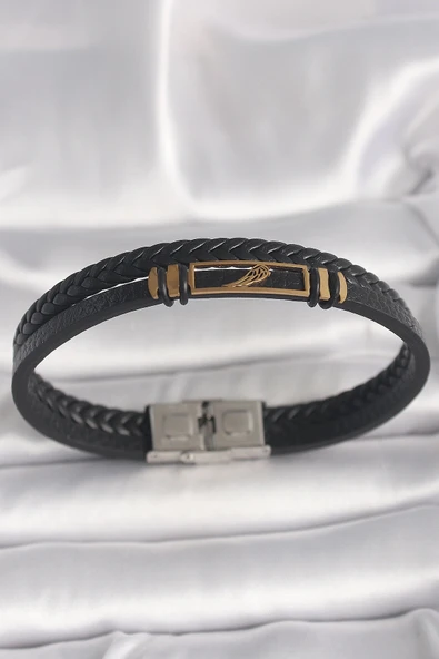 Litae Trend BFS 316L Çelik Gold Renk Kanat Aksesuarlı Siyah Burgu Model Deri Kordon Erkek Bileklik - 1