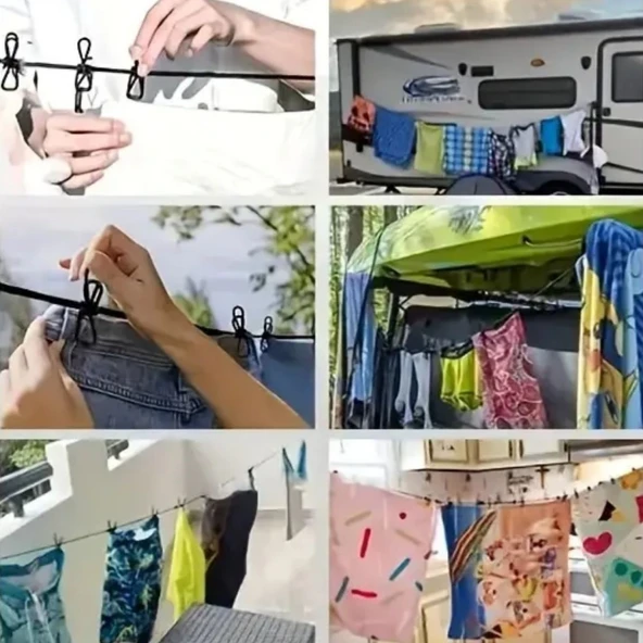 Buffer® Taşınabilir Seyahat Çamaşır İpi 12 Mandallı Klipsli Lastikli Çamaşır Mandalları - 4