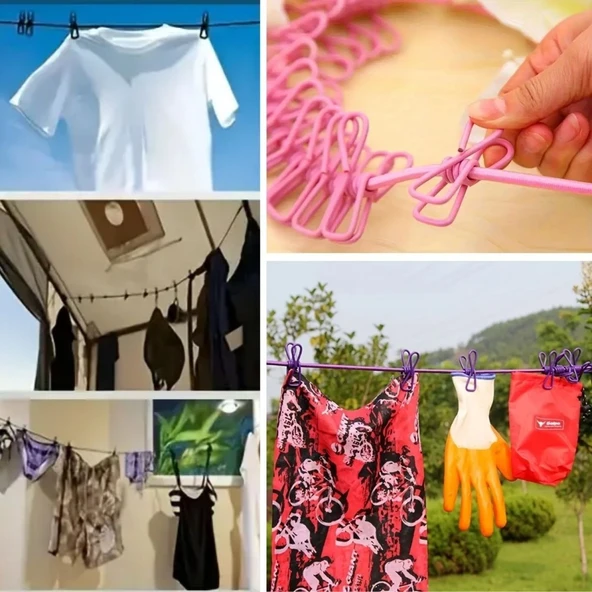 Buffer® Taşınabilir Seyahat Çamaşır İpi 12 Mandallı Klipsli Lastikli Çamaşır Mandalları - 3