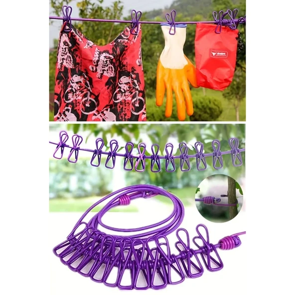 Buffer® Taşınabilir Seyahat Çamaşır İpi 12 Mandallı Klipsli Lastikli Çamaşır Mandalları - 6