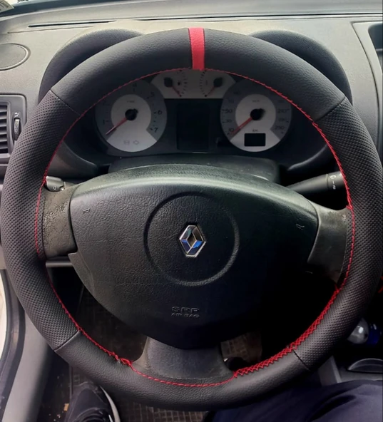 DİKİŞLİ DİREKSİYON KILIFI SİYAH DERİ NOKTALI DERİ KIRMIZI YÜZÜK KIRMIZI DİKİŞLİ RENO CLİO SYMBOL ürün görseli
