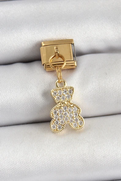 Litae Trend BFS 316L Çelik Sallantılı Zirkon Taşlı Ayıcık Model Gold Renk Nomination Charm - 1