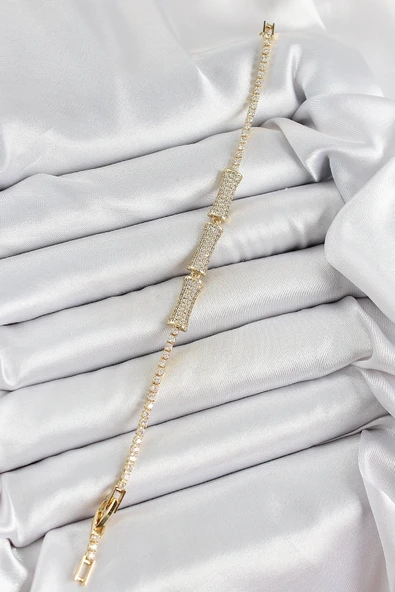 Litae Trend BFS Pirinç Gold Renk Zirkon Taşlı Kemik Model Kadın Bileklik - Resim 2