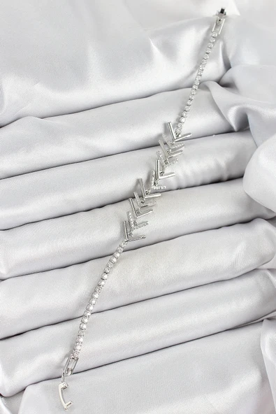 Litae Trend BFS Pirinç Gümüş Renk Zirkon Taşlı Balık Sırtı Kadın Bileklik - Resim 2