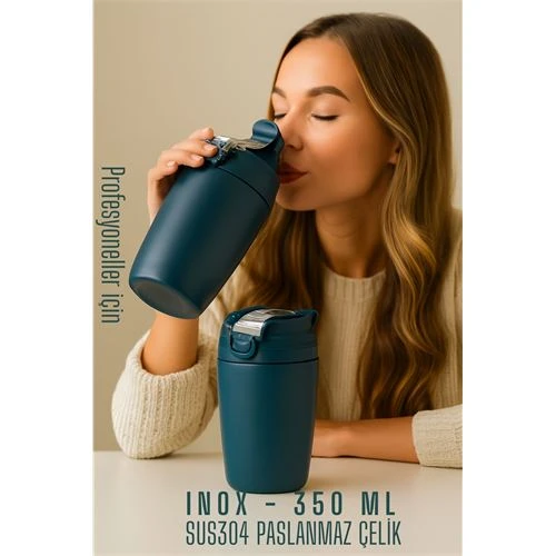 Modacar Inox Çelik Kahve Bardağı - 350 ml  SUS304 Çelik Termos Profesyonel MAVİ ürün görseli