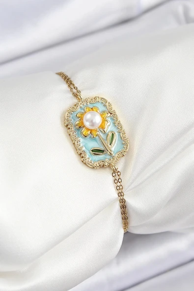 Litae Trend BFS 316L Çelik Zincir Turkuaz Mineli Sanatsal Portre İnci Detaylı Papatya Model Gold Renk Kadın Bileklik ürün görseli 1