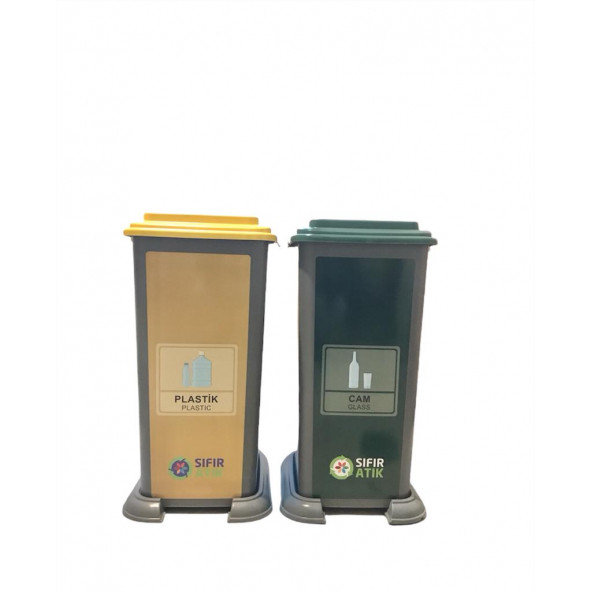 Sıfır Atık Geri Dönüşüm Atık Kutusu 2'li Set Plastik ve Cam-70 lt - 1