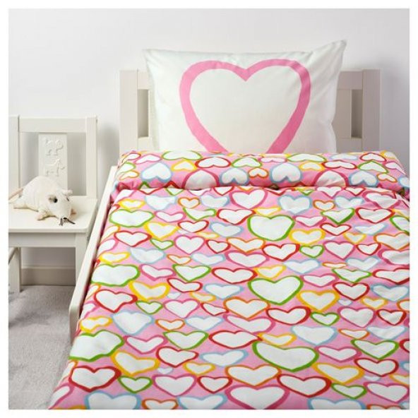 Tek Kişilik Çocuk Nevresim İkea Kalp Figürlü Renkli Tek Kişi -150x200/50x60 Cm-Çarşafsız,Re - 4