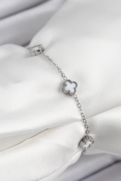 Litae Trend BFS 316L Çelik Beyaz Sedef Yonca Model Gümüş Renk Kadın Bileklik ürün görseli 1