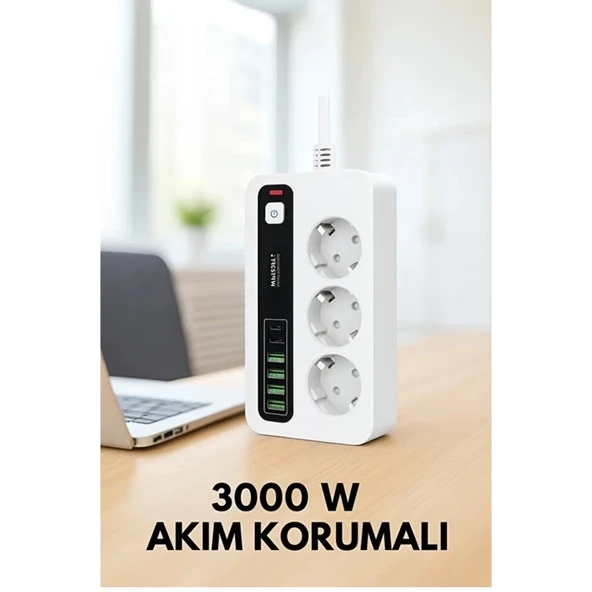 P10 3x Priz 3000w Akım Korumalı 4x Usb 2x Type-c Girişli Çoklu Priz - 2
