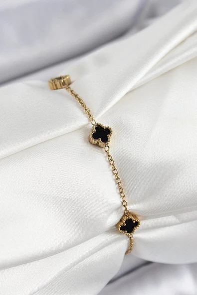 Litae Trend BFS 316L Çelik Siyah Sedef Yonca Model Gold Renk Kadın Bileklik ürün görseli 1