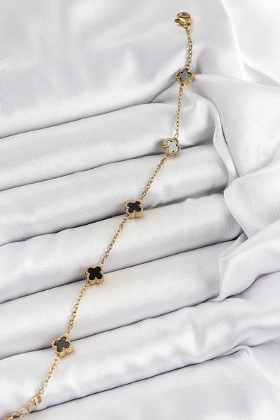 Litae Trend BFS 316L Çelik Siyah Sedef Yonca Model Gold Renk Kadın Bileklik - Resim 2