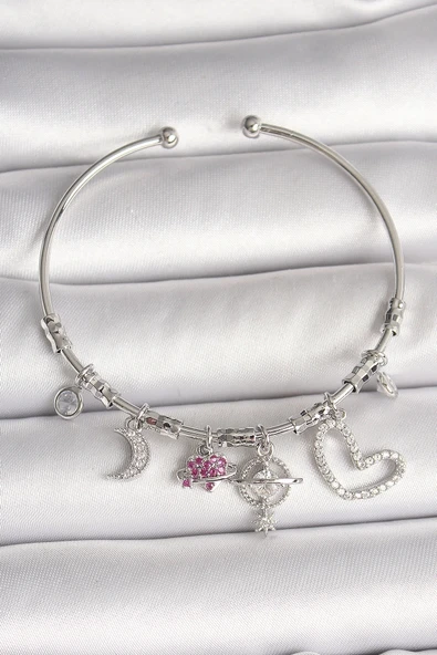 Litae Trend BFS Pirinç Gümüş Renk Sallantı Zirkon Taşlı Gezegen Figür Kalp Detay Charm Kadın Bileklik ürün görseli 1