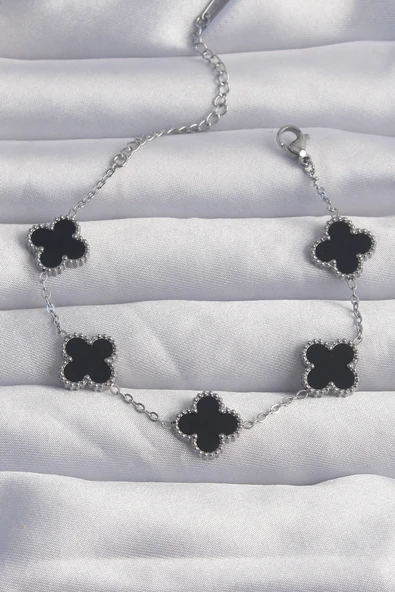 Litae Trend BFS 316L Çelik Gümüş Renk Siyah Mineli Yonca Bileklik ürün görseli 1