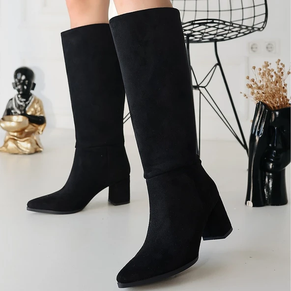 Roksa Siyah Süet Topuklu Çizme - Resim 4