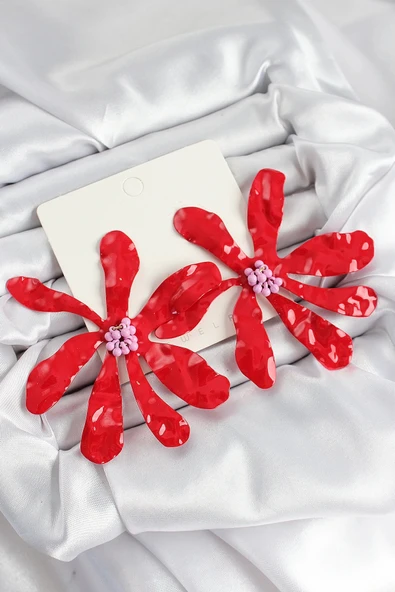 Litae Trend BFS Pirinç Büyük Kırmızı Çiçek Model Kadın Küpe