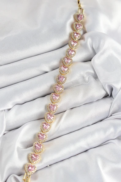 Litae Trend BFS Pirinç Zirkon Taşlı Pembe Kalp Baget Model Gold Renk VIP Seri Kadın Bileklik - Resim 2