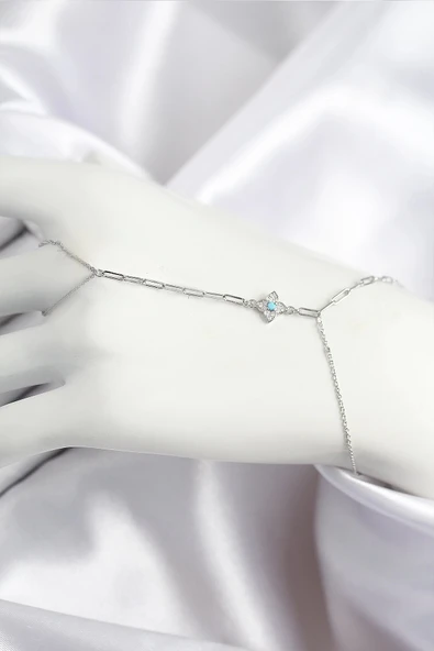 Litae Trend BFS Pirinç Zirkon Taşlı Mavi Boncuklu Yonca Model Gümüş Renk Şahmeran - 1